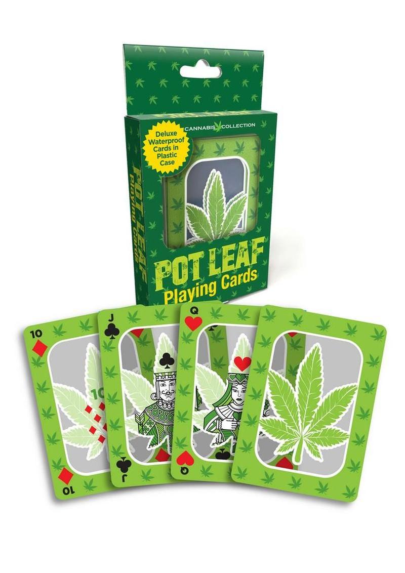 Pot Leaf playing cards with green packaging featuring a cannabis leaf design.