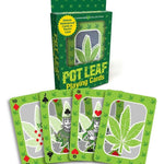 Pot Leaf playing cards with green packaging featuring a cannabis leaf design.