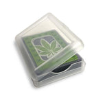 Small transparent container with a green leaf design on a white background