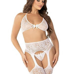 Rhinestone Lace Bra, G-String & Garter Stocking Set – White (O/S)