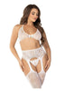 Rhinestone Lace Bra, G-String & Garter Stocking Set – White (O/S)