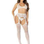 Rhinestone Lace Bra, G-String & Garter Stocking Set – White (O/S)